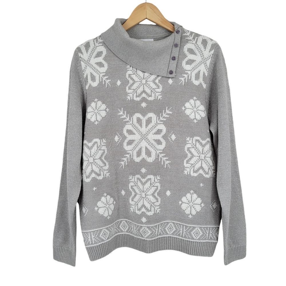 Alfred Dunner Gray Silver Fair Isle Snowflake Foldover Turtleneck Sweater